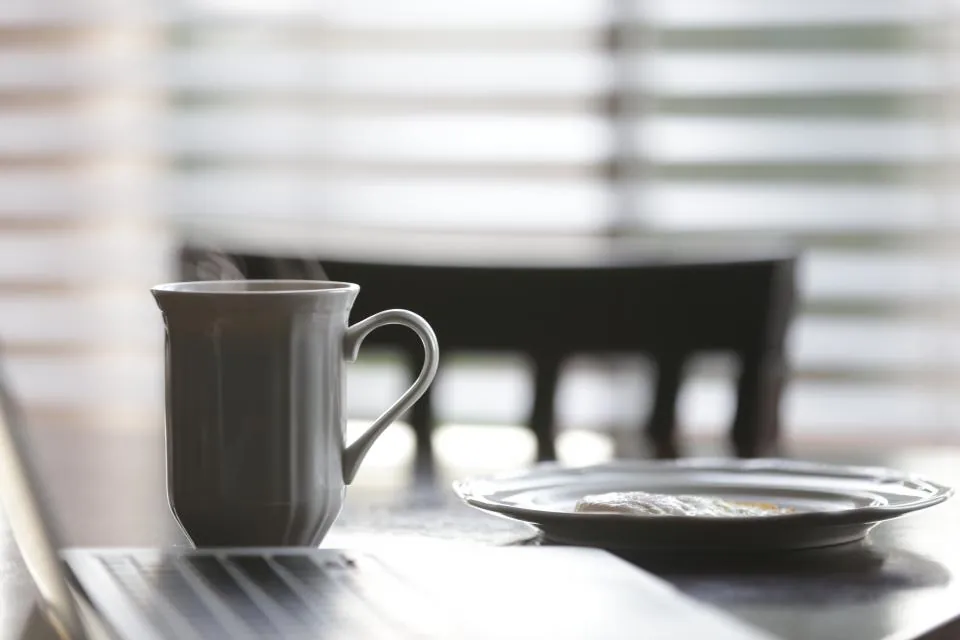 A grey mug and a plate on a table by a window with blinds in morning light