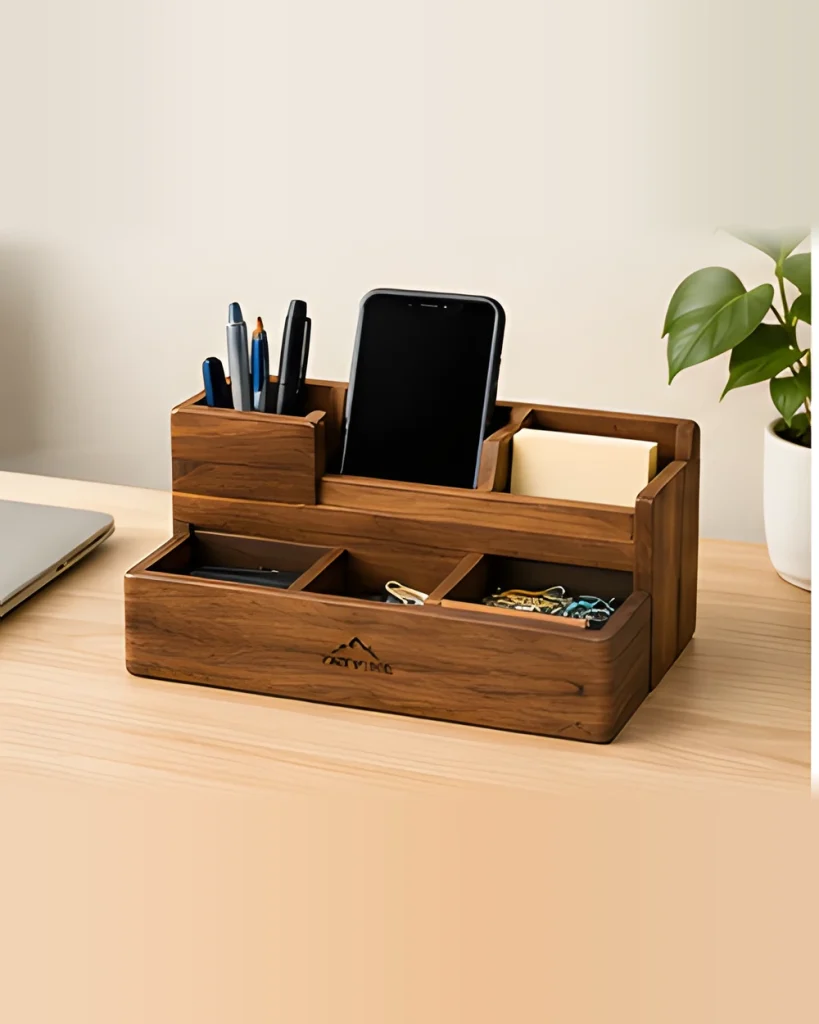 A minimal natural wooden desk organiser with compartments holding pens, on a warm neutral background