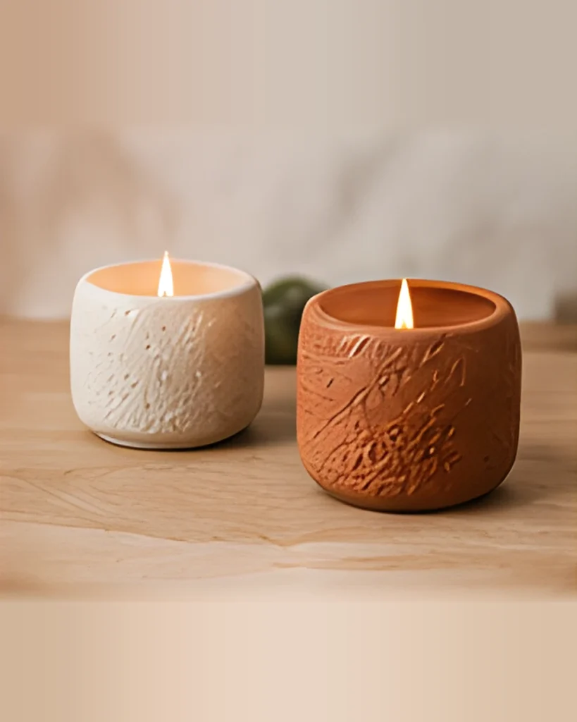 Two textured ceramic tea-light holders with lit candles, one cream and one terracotta, on a wooden surface