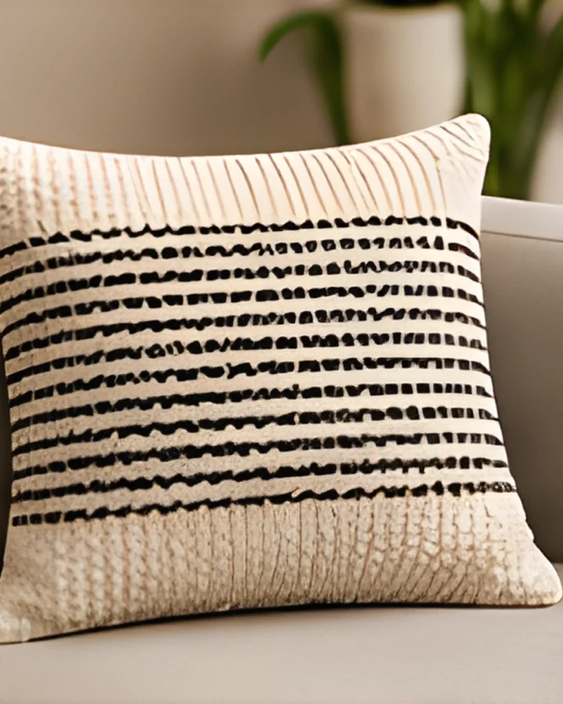 A cream woven cushion cover with black horizontal stripes against a sofa