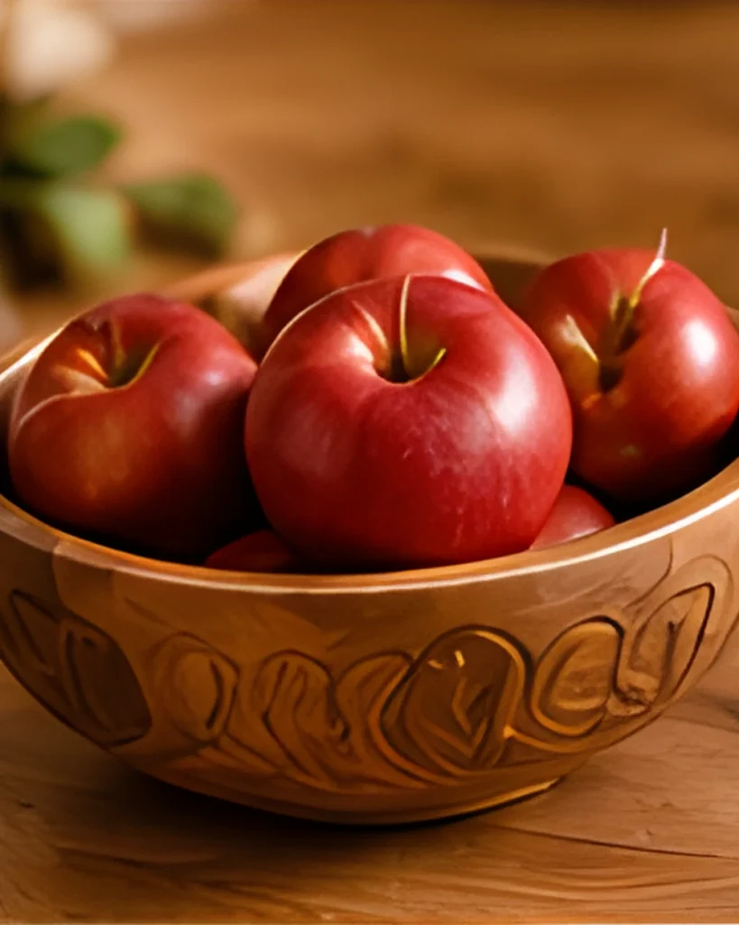 A small carved wooden bowl holding red apples on a wooden table