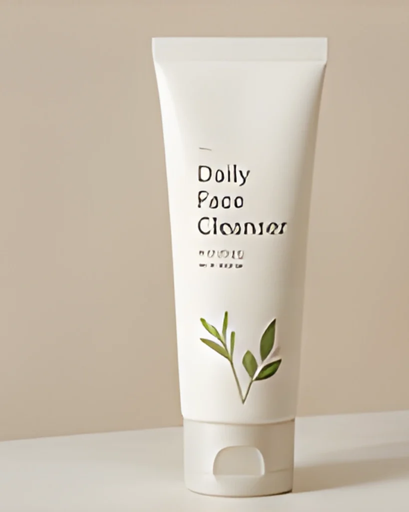 A white tube of daily face cleanser with a leaf print on a beige background