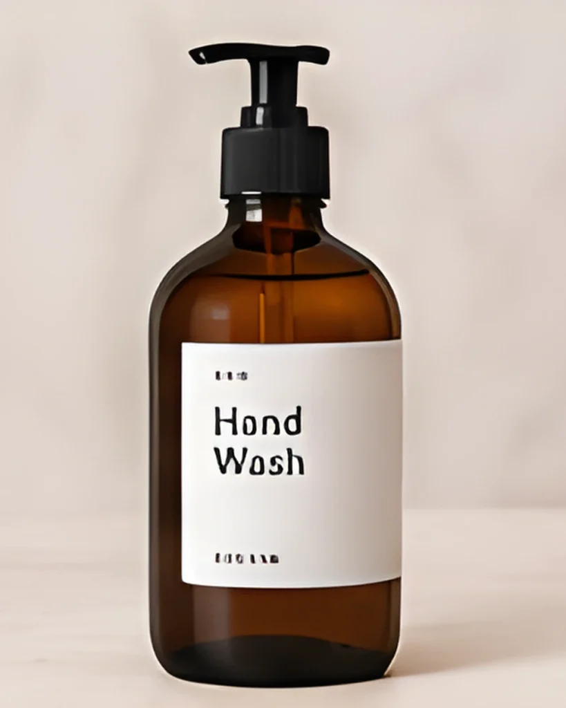 An amber glass pump bottle of hand wash with a plain white label