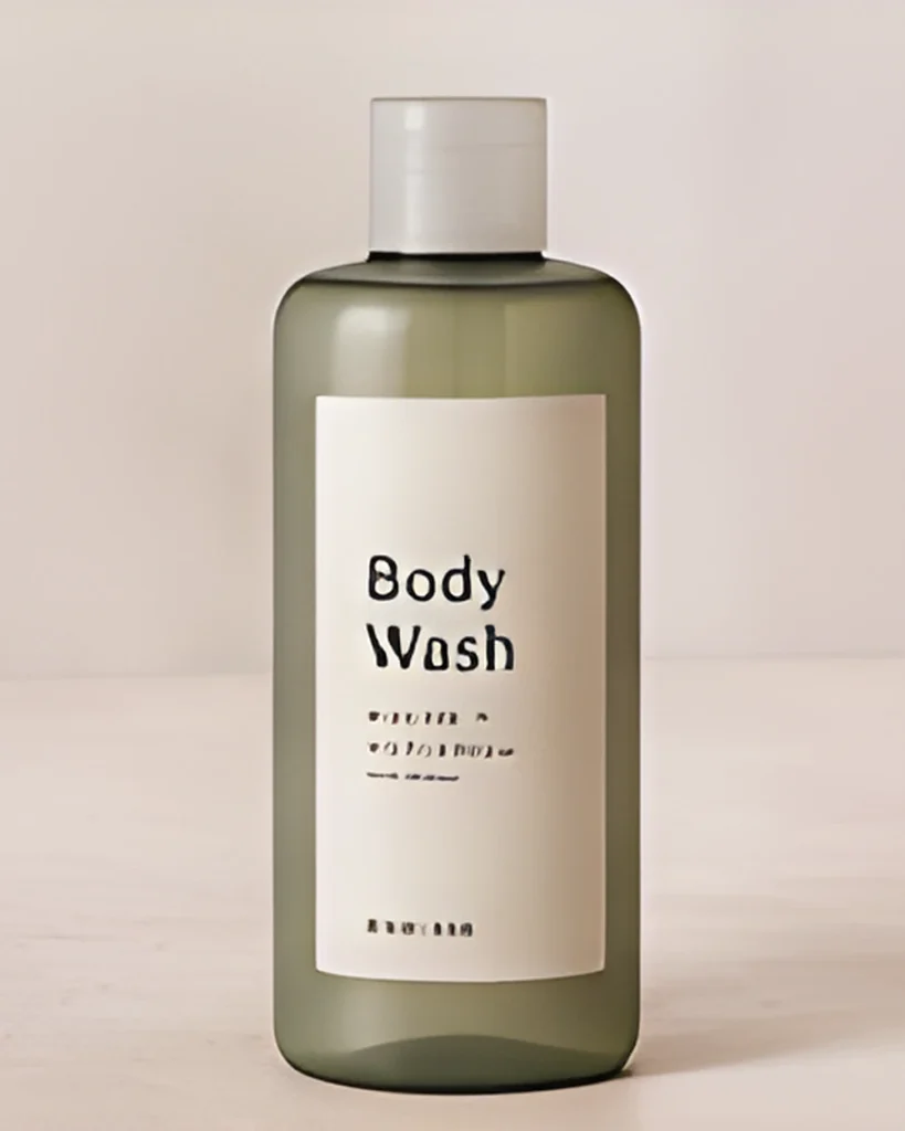 A muted green bottle of body wash with a plain white label