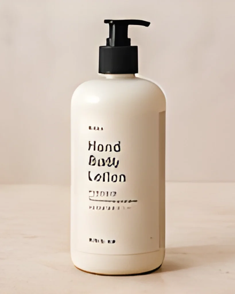 A white pump bottle of hand and body lotion on a beige background