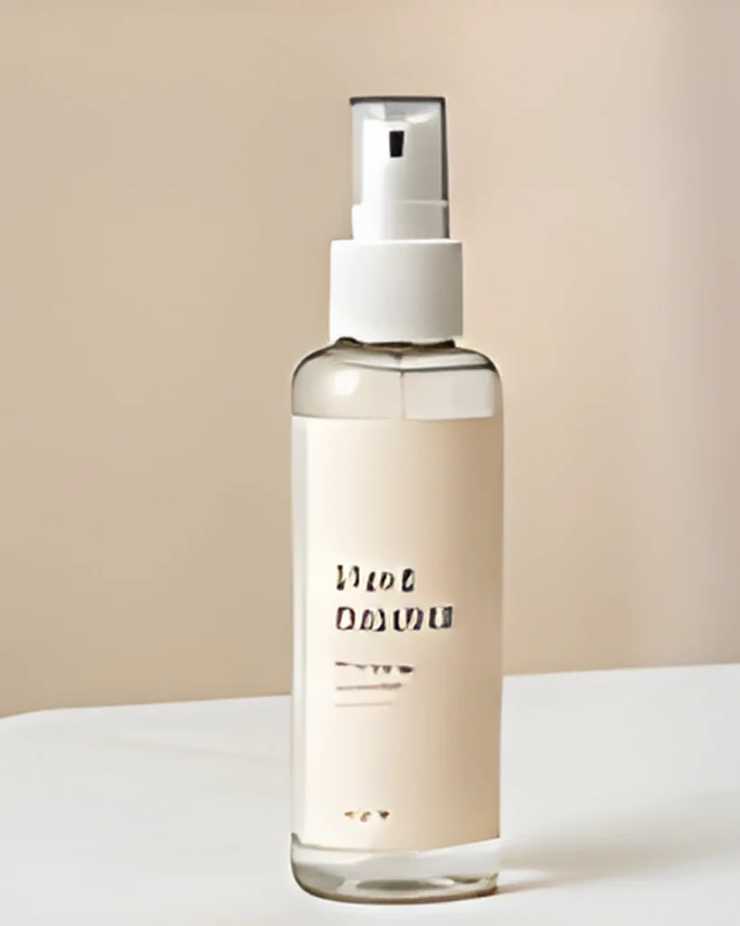 A clear glass spray bottle of face mist on a light surface
