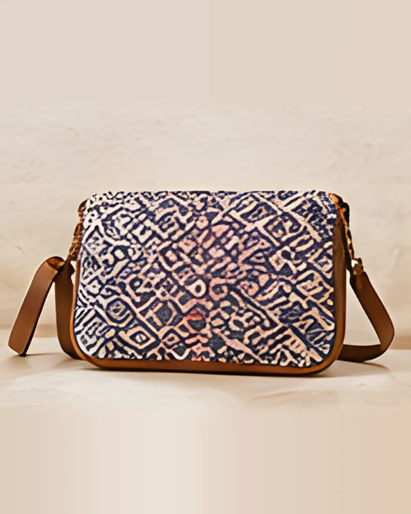 A small crossbody bag with a geometric blue and cream pattern and a tan leather strap