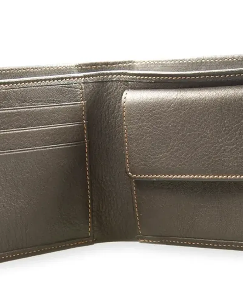 An empty dark leather wallet opened to show its card slots, on a white background