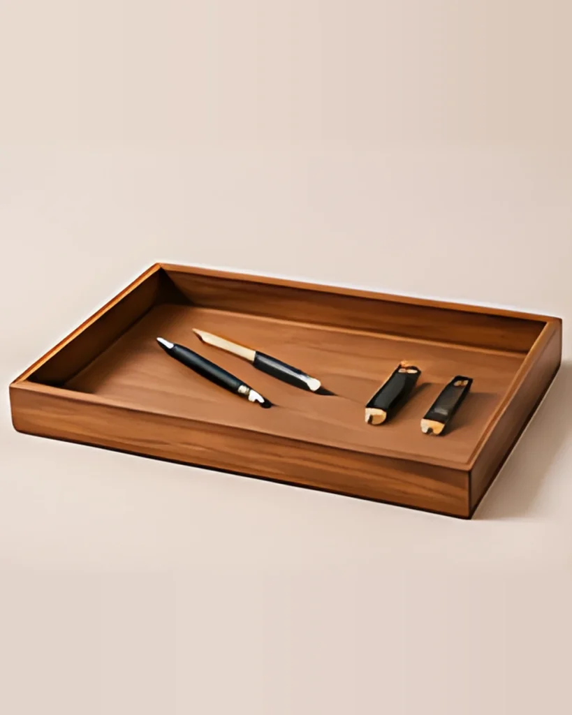 An empty walnut-brown wooden desk tray holding two pens and small clips