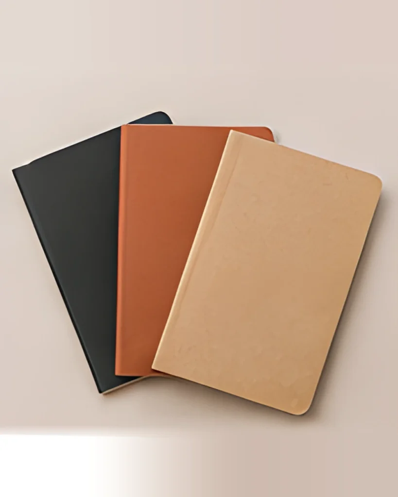 Three pocket notebooks in black, terracotta and tan, fanned out